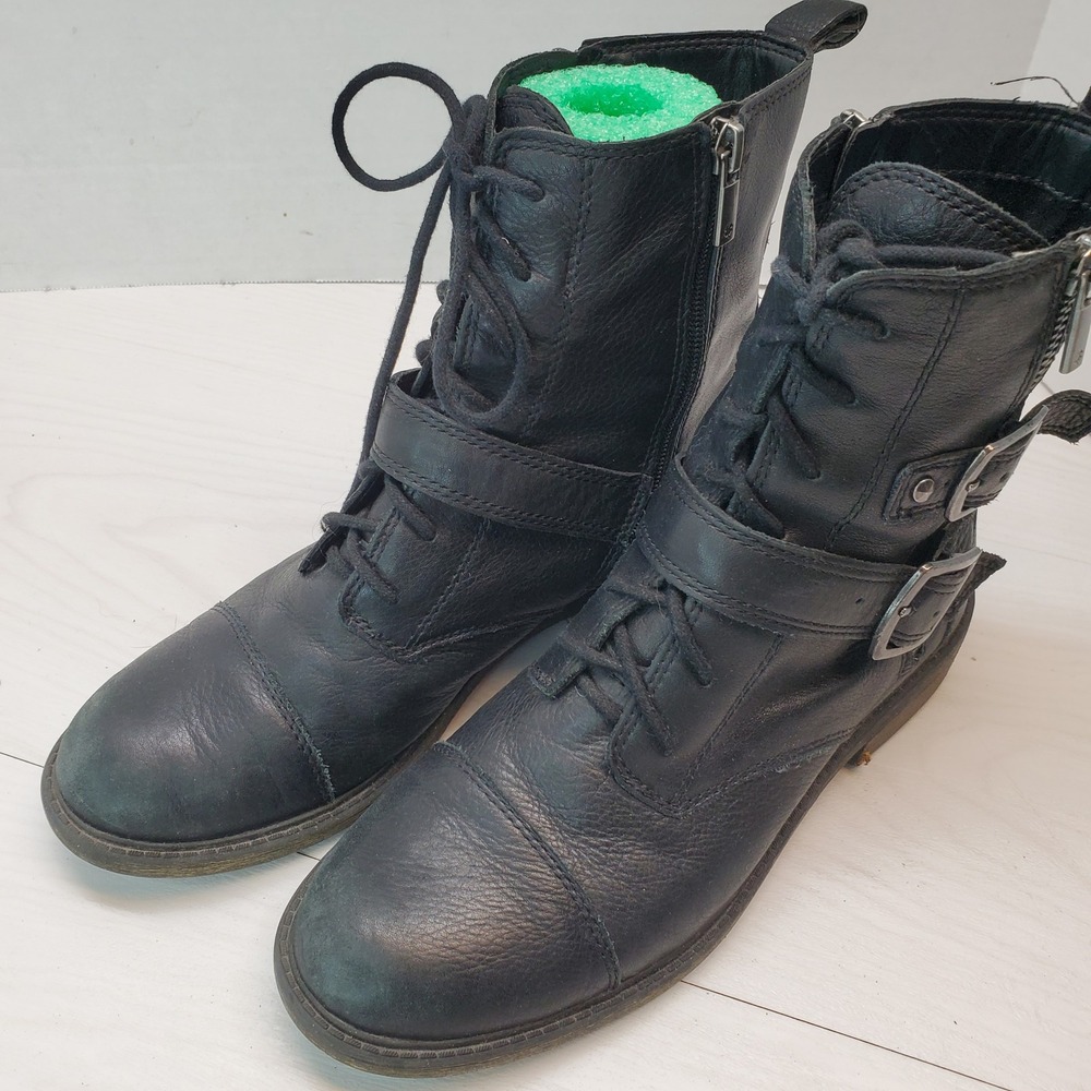 Lucky Brand Nolan Black Leather Combat Moto Boots Womens 9M Cap Toe Buckle Zip